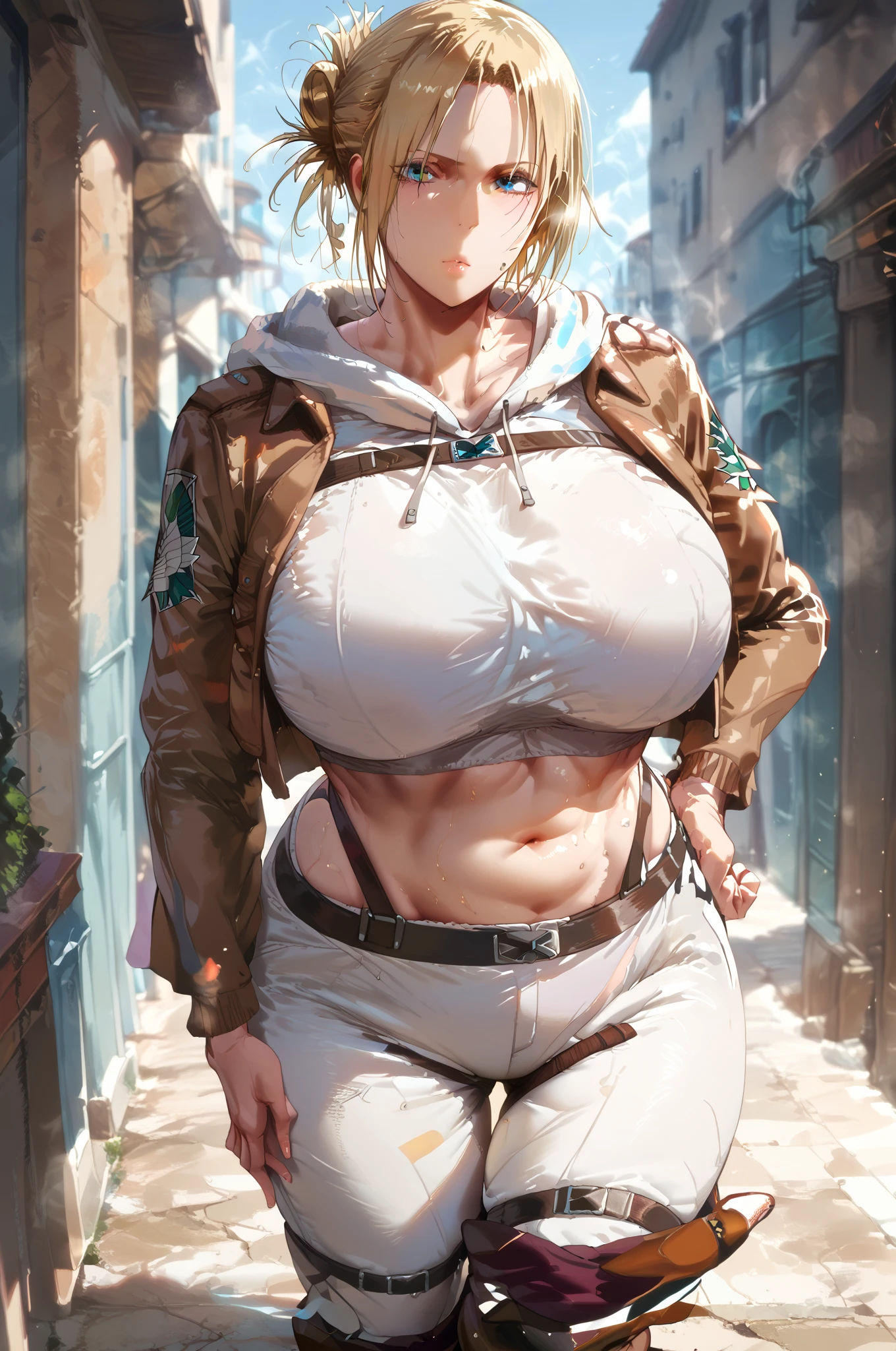 throw, looking at viewer, expressive, Expressive, tall women, steamy, standing, 1girl, mature female, annie leonhardt, single hair bun, white hoodie, open cropped brown jacket, white pants, thigh strap, survey corps \( emblem\), knee boots,
 1 girl, Improve, 1 person,  gigantic breast, sagging breast,   huge breasts,  huge breasts,  score_9_up,  score_8_up,  score_7_up, masterpiece,  are extremely beautiful, 