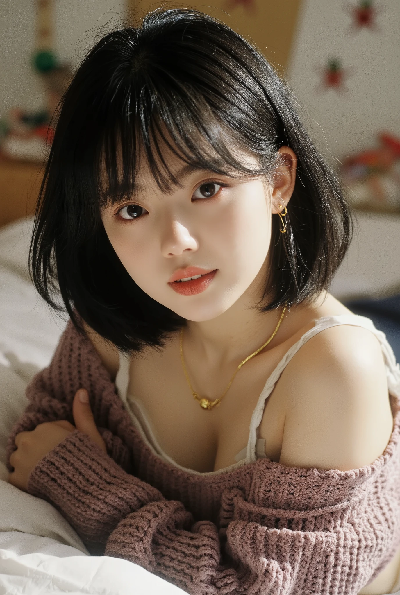(( top quality)), ((masterpiece)), (Details),one Japanese girl, smile ,look at me with black short bob hair white skin in offshoulder knit and navy pleated skirt, small gold earrings,gold necklace,(accurate anatomy:1.3),lying on bed,in a room decorated for xmas,face shot