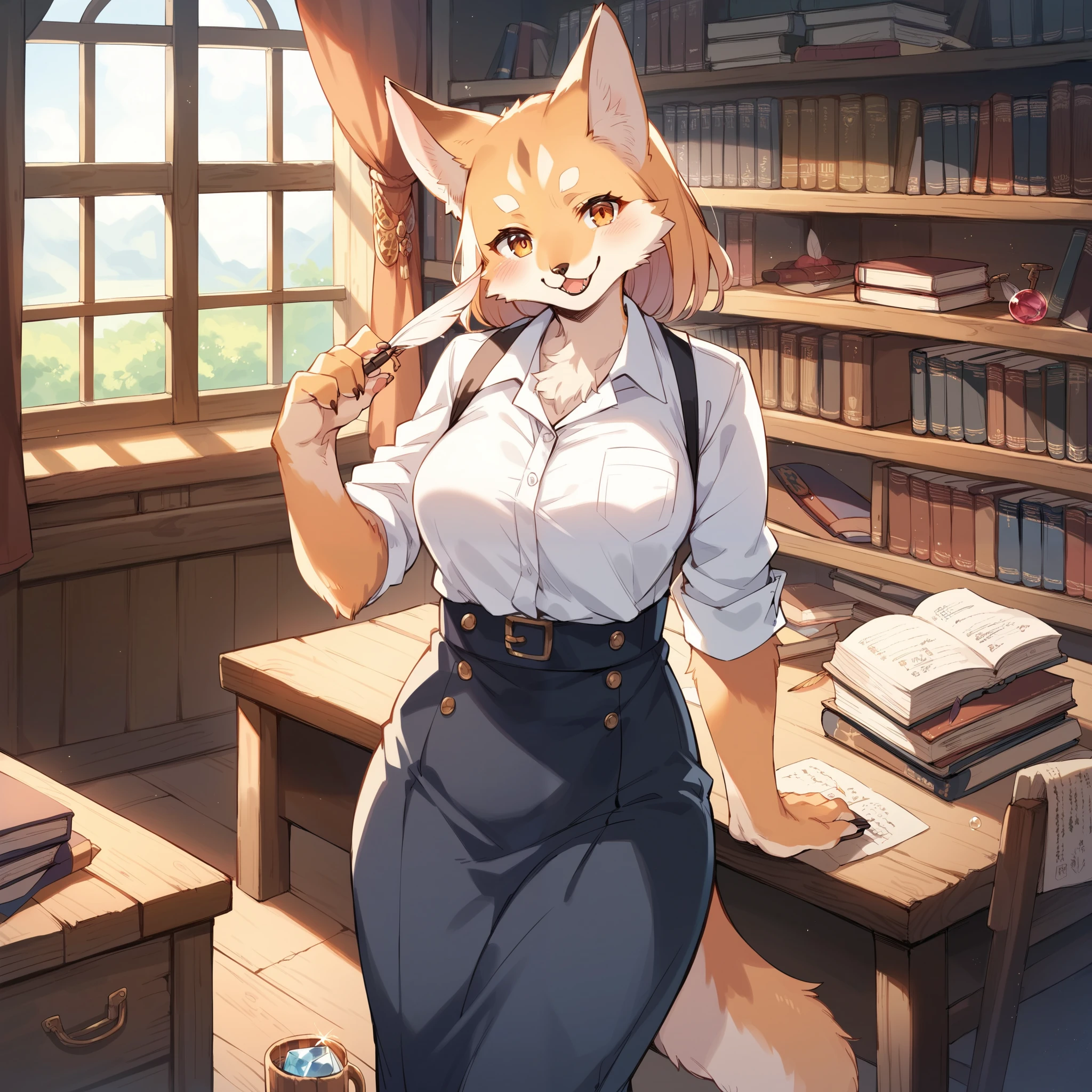 cover page, highres, top quality, best quality, paid reward available, unparalleled masterpiece, perfect artwork, absurdres, High-quality illustrations, super high resolution, detailed background, perfect anatomy(1girl, kemono, furry anthro, fearless smile, reach for the clock) in room with clock, fantasy artwork, cinematic lighting, Backlight,