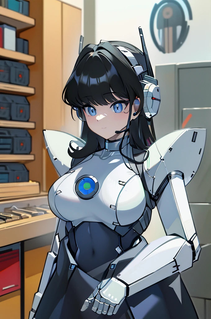 masterpiece, best quality, extremely detailed, (8K, 4K, Best Quality, hight resolution, 超A high resolution:1.1), ,8k portrait, Japaese android Girl,Plump , dark black leg cover,announcer,control panels,android,Droid,Mechanical Hand, Robot arms and legs, Black Robot Parts,Black hair,Mechanical body,Blunt bangs,perfect mechanical abdomen,White robotics parts,perfect robot woman,future laboratory,cyber pank,charging spot,laboratory,long tube,thick cable connected her neck,white ceramic body ,perfect mechanical body, white robot body,lod antenna,mechanical ear cover,android,robot humanoid,black sponge joints,The removable cover is in the groin,The connection port is in the groin,opened chest panel,access panel on the chest,opened breast panel,perfect mechanical breast,perfect machine body,perfect android body,She has repaired,assembly plant,miniskirt,dark black tights,dark black leggings,smile