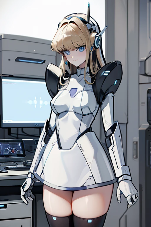 masterpiece, best quality, extremely detailed, (8K, 4K, Best Quality, hight resolution, 超A high resolution:1.1), ,8k portrait, Japaese android Girl,Plump , dark black leg cover,announcer,control panels,android,Droid,Mechanical Hand, Robot arms and legs, Black Robot Parts,Black hair,Mechanical body,Blunt bangs,perfect mechanical abdomen,White robotics parts,perfect robot woman,future laboratory,cyber pank,charging spot,laboratory,long tube,thick cable connected her neck,white ceramic body ,perfect mechanical body, white robot body,lod antenna,mechanical ear cover,android,robot humanoid,black sponge joints,The removable cover is in the groin,The connection port is in the groin,opened chest panel,access panel on the chest,opened breast panel,perfect mechanical breast,perfect machine body,perfect android body,She has repaired,assembly plant,miniskirt,dark black tights,dark black leggings,smile