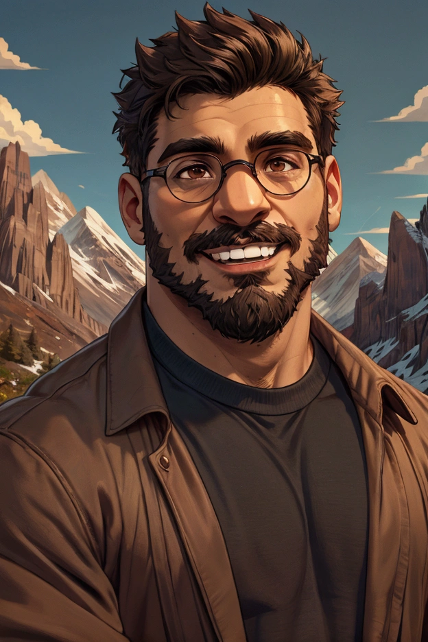 1 boy, round glasses, long black beard, short brown hair, brown eyes, black shirt, mountain background, grin, 8k, high quality, masterpiece, 8k detailed face