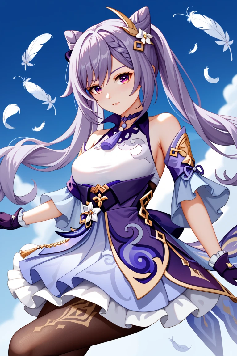 (Highest quality、Highest quality、Masterpiece、Very delicate、Very detailed、Exquisite、16K、Full HD)、1 female、(Keqing、Genshin Impact)、(Blue mini skirt flare dress、Silver embroidery、Skirt in the wind、ribbon、White frills、Brown tights、Brown stockings)、Perfect body line、Glowing Skin、(Groomed eyebrows、Pink Lips、Blue Eyes、Detailed eyes)、(Purple Hair、Twin tails、Shiny Hair)、Dynamic Pose、Dramatic lighting、(thunder、moon、lightning、Starry Sky、Ocean)