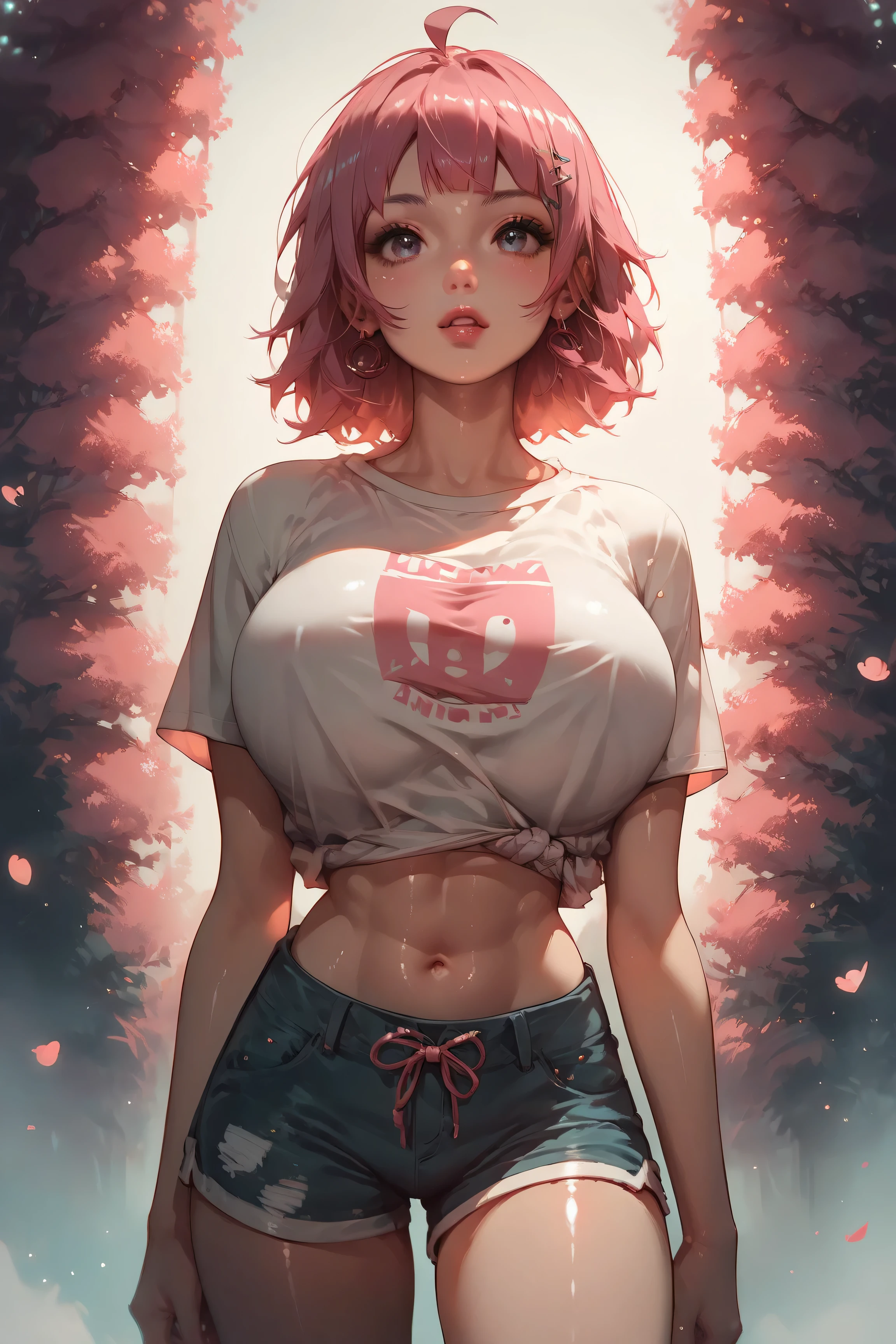 Sakura Haruno,1 rapariga, (very large hanging breast),Perfect body,a wide waist,Sexy body,light pink colored hair,Green eyes,symetrical face,Sharpness,foco nítido, detailed outfits, orgasm,looking at viewer,pause, blushing, heavy orgasm,leaning towards viewer, detailed face,Deep blue diamond on forehead, thighs, navel, groin,((( very large round breasts )))((( wearing white t-shirt, ultra detailed body)))((black thongs))