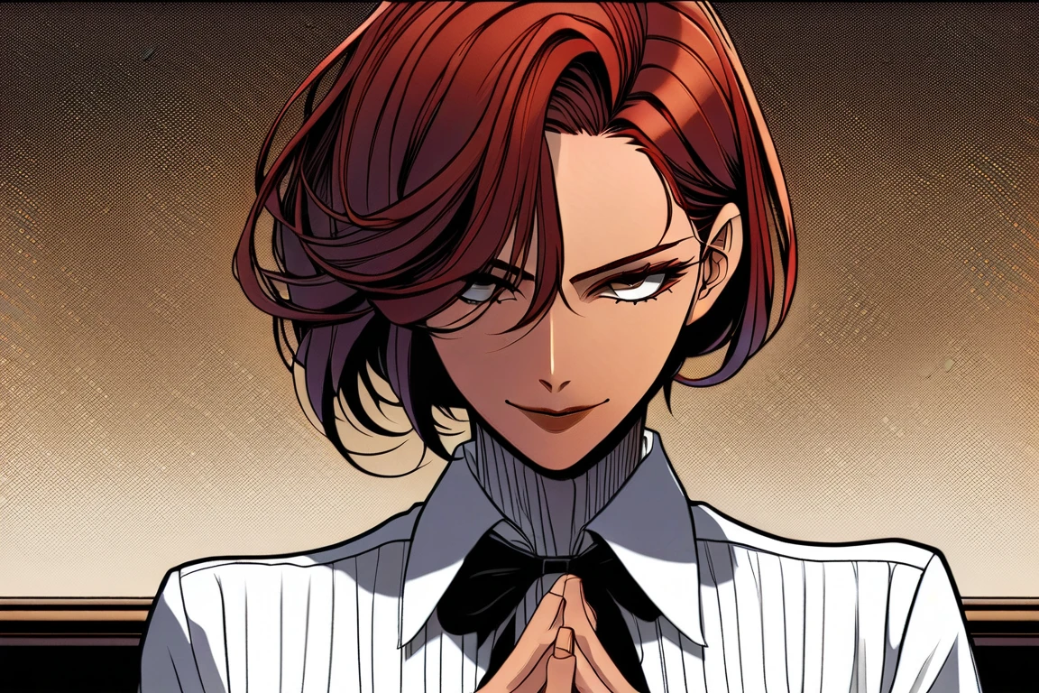 1girl, solo, mature_female, hands_on_own_face, yandere, milf, smirk, red_hair, hair_intakes, forehead, slender, white_shirt, (masterpiece, best quality, highres:1.3), detailed, manhwa, detailed_face