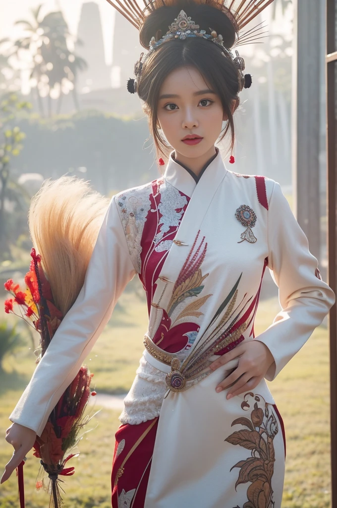 An Indonesian-styled futuristic suit worn by a girl depicting cultural fusion and modern fashion. The suit is adorned with intricate patterns and vibrant colors, showcasing the rich heritage of Indonesia. The girl stands confidently in a dynamic pose, with her detailed eyes reflecting determination and curiosity. The suit's material is a combination of traditional textiles and futuristic synthetic fabrics, giving it a unique and avant-garde appearance. The overall image quality is of the highest standard, with sharp focus and ultra-detailed rendering. The artwork employs physically-based rendering techniques, resulting in realistic lighting and shadows. The colors are vivid and vibrant, capturing the essence of Indonesian cultural aesthetics. The background features a fusion of modern architecture and traditional elements, creating a harmonious blend of the past and the future. The prompt explores the intersection of Indonesian culture, futuristic design, and the artistic representation of a confident girl.