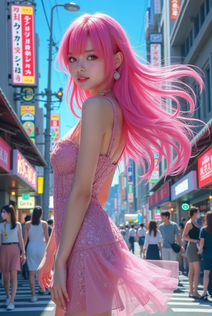 Tokyo, Kabukicho, long hair fluttering in the wind, pink hair, high definition, dress