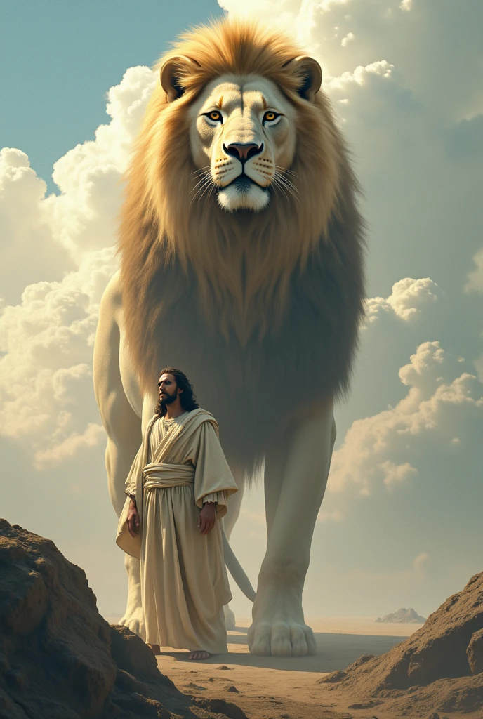(photorealism:1.2), a giant lion in the sky. A family praying in their room