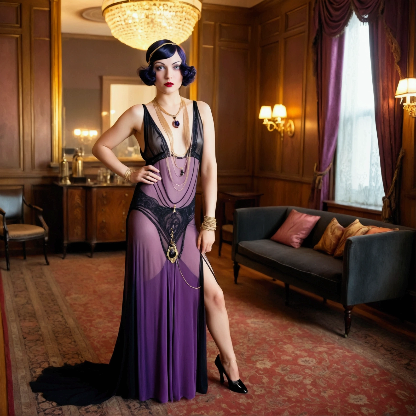 1 woman (Vampira Maila Nurmi, age 25,sheer airy colorful dress) is a seductive witch, seduction magic cast at Conan, high fantasy, exotic bedroom
