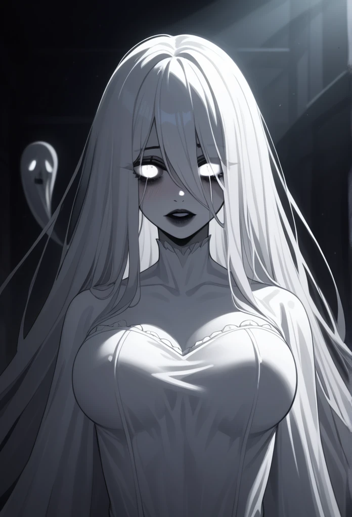 1girl, solo, masterpiece, best quality, (anime art style:1.0), score_9, score_8_up, score_7_up, source_, blushing, long white hair, hair over one eyes, one pale black eye, pale skin, ghost costume, horror, creepy, darkness, mysterious, dark moody colors, intricate ghostly details, flowing white dress, glowing eyes, translucent skin, eerie atmosphere, dramatic lighting, dark shadows, cinematic composition, , Breast Implants - XL, in the woods background/landscape, ghost girl