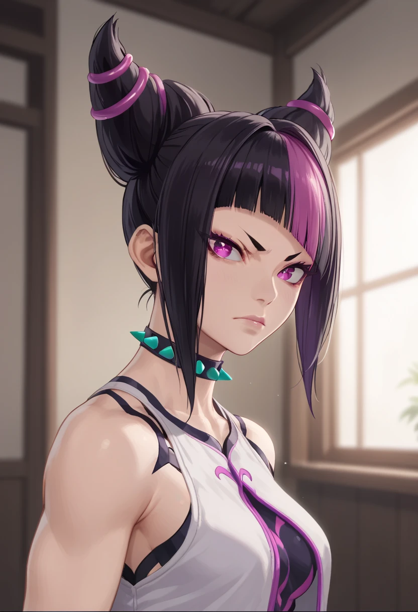 (masterpiece, best quality:1.2), 1girl, solo, Juri Han from Street Fighter 6, Standing in the center of a dimly lit room is Juri. Her hair is styled into two large buns on either side of her head, with pink and purple streaks adding a pop of color to her dark locks. She looks directly at the camera, her expression serious but intriguing. She is dressed in an outfit that contrasts sharply with the muted tones of the room. The top half of her body is white, adorned with pink and purple accents that echo the colors of her hair. A choker around her neck adds a touch of elegance to her look. The background is blurred, drawing the focus to her, but it appears to be an indoor setting with large windows letting in natural light. The overall atmosphere suggests a scene from a video game or a stylized photograph.