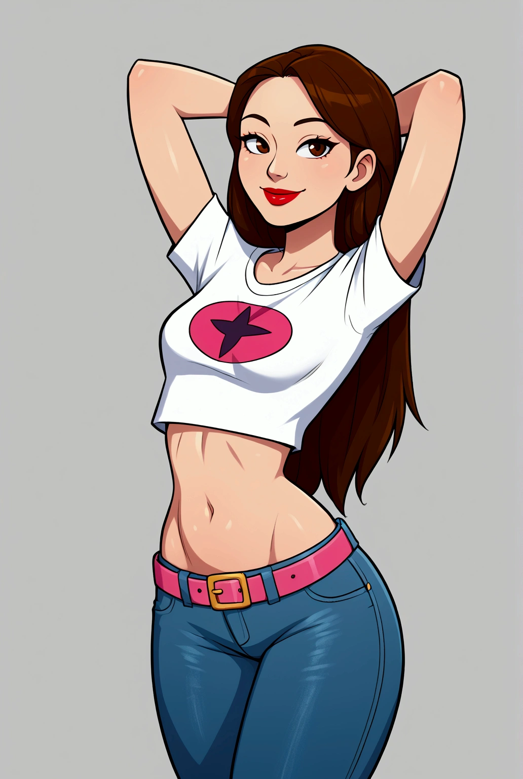 Asian woman, long hair, solo, wearing lipstick, snall white t-shirt, crop top, jeans, belt, midriff, navel, smile, arms behind head, swaying hips