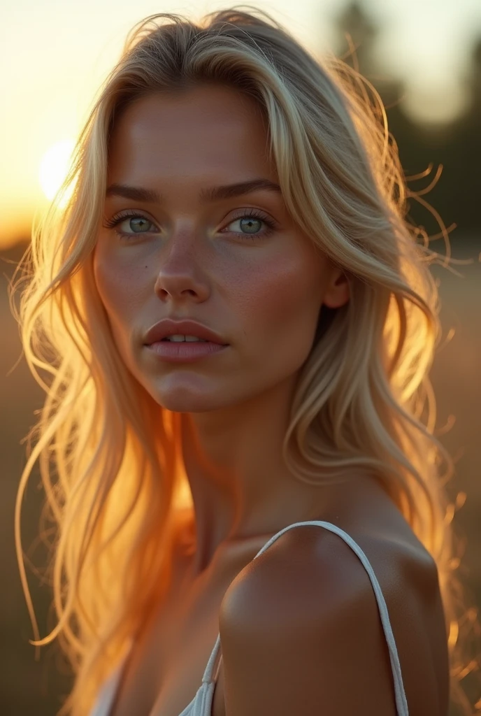Une jeune et belle femme de 20 ans, coiffure long cheveux blonds, grands yeux verts regard perçant, à la peau claire, gros seins parfait, Debout dans un champs L&#39;environnement est éclairé par des lumières chaudes et agréables.. vu éloignerfais briller tes cheveux, Son visage était naturellement serein., lèvres avec rouge à lèvres, Texture 8k, très détaillé, réaliste, lumière douce et cinématographique, HDR, netteté, chef-d&#39;œuvre, Fotor est réaliste, photographie primée, un Canon EOS R5, 35 millimètres