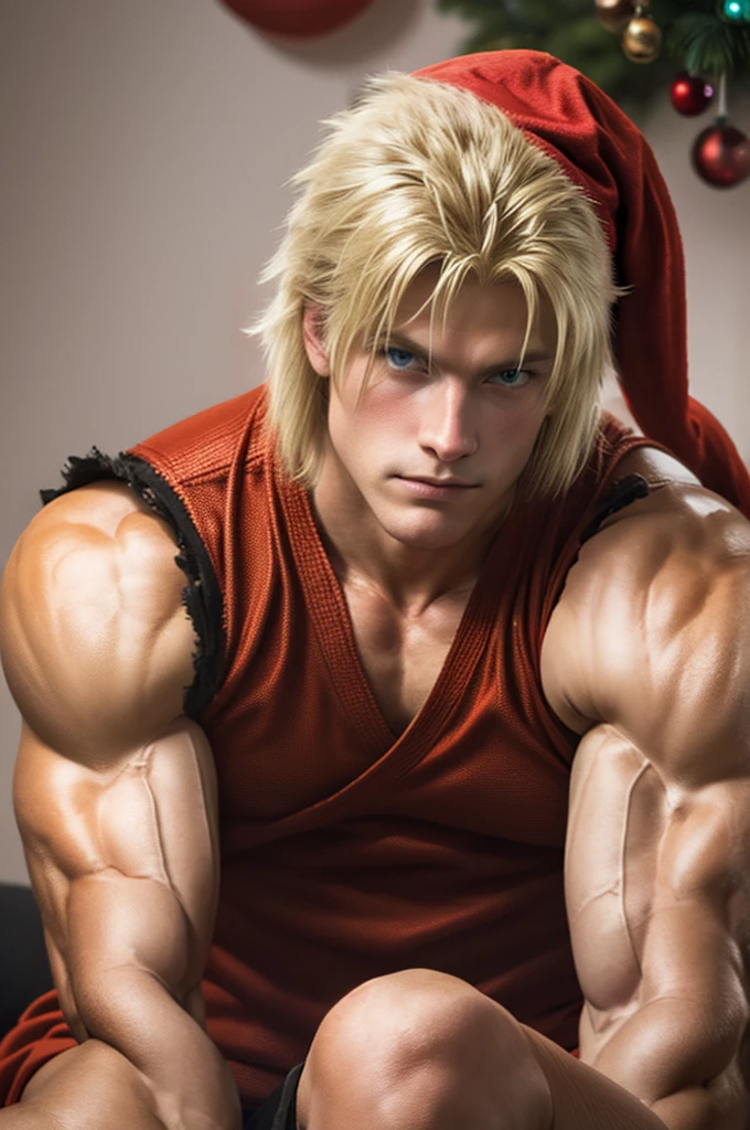 1man, sitting, red Christmas hat, BLUE eyes, look at viewer, large arms, muscular, short hair, blonde hair, sleeveless, sleeveless short, Bara, black shirt, ryosakazaki, Christmas tree, Christmas gift, Christmas, beautiful, realistic, detailed, room