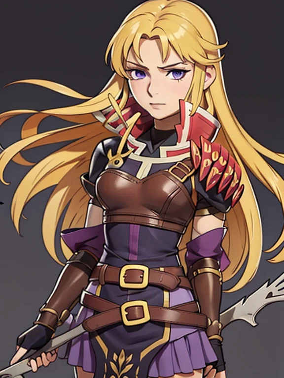 masterpiece, best quality, 1girl, Clarisse (Fire Emblem), long blonde air, indigo eyes, red top, brown leather chest plate, fingerless gloves, purple skirt, belt, she’s holding a bow in one hand, sheaf wrapped behind her back, sheaf filled with arrows