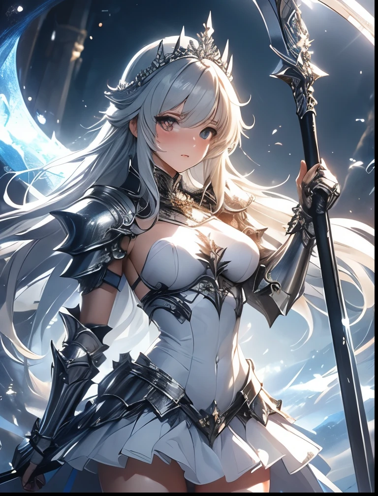 ((Best quality, 8k, Masterpiece: 1.3)), Sharp focus A beautiful woman with perfect body, Highly detailed face and skin texture, (Detailed eyes), rabbit ears, hime cut, white hair, hair bow, ribbon, pupils sparkling, tareme, (knight wearing steel armor), cowboy shot
