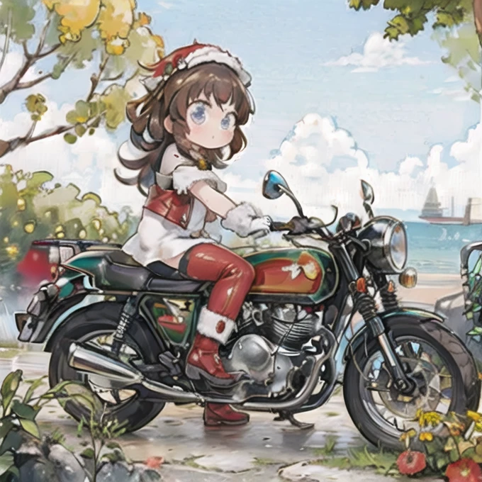 ( masterpiece， top quality:1.2), A young girl rides a motorcycle, Alone,   fallen leaves， Santa Claus costume ，