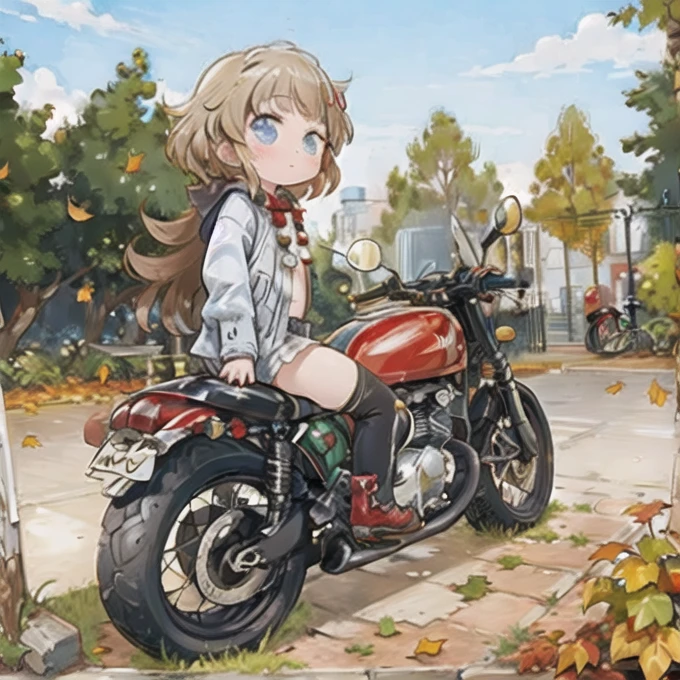 ( masterpiece， top quality:1.2), A young girl rides a motorcycle, Alone,   fallen leaves， Santa Claus costume ，