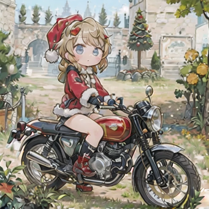 ( masterpiece， top quality:1.2), A young girl rides a motorcycle, Alone,   fallen leaves， Santa Claus costume ，