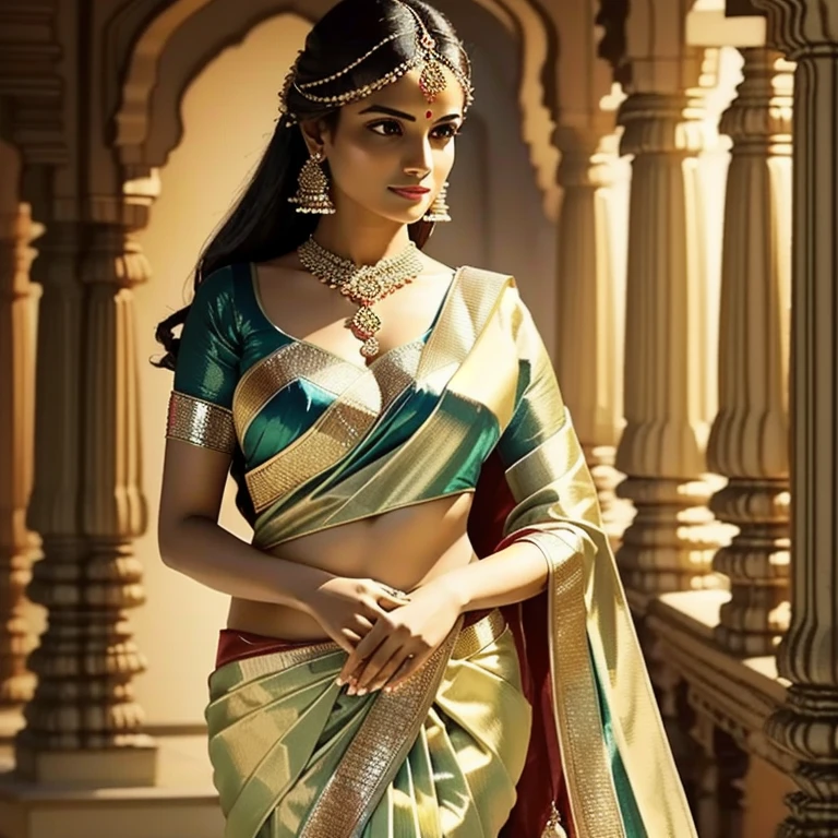  Create a high-resolution image of a beautiful woman wearing an elegant saree.  The saree must be styled to highlight the neckline and abdomen .  She must have a confident posture ,  Looking directly into the camera ,  with the intricate details of the saree clearly visible . The setting must be refined ,  with soft lighting that enhances the beauty of the costume and the person .