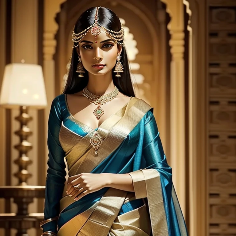  Create a high-resolution image of a beautiful woman wearing an elegant saree.  The saree must be styled to highlight the neckline and abdomen .  She must have a confident posture ,  Looking directly into the camera ,  with the intricate details of the saree clearly visible . The setting must be refined ,  with soft lighting that enhances the beauty of the costume and the person .