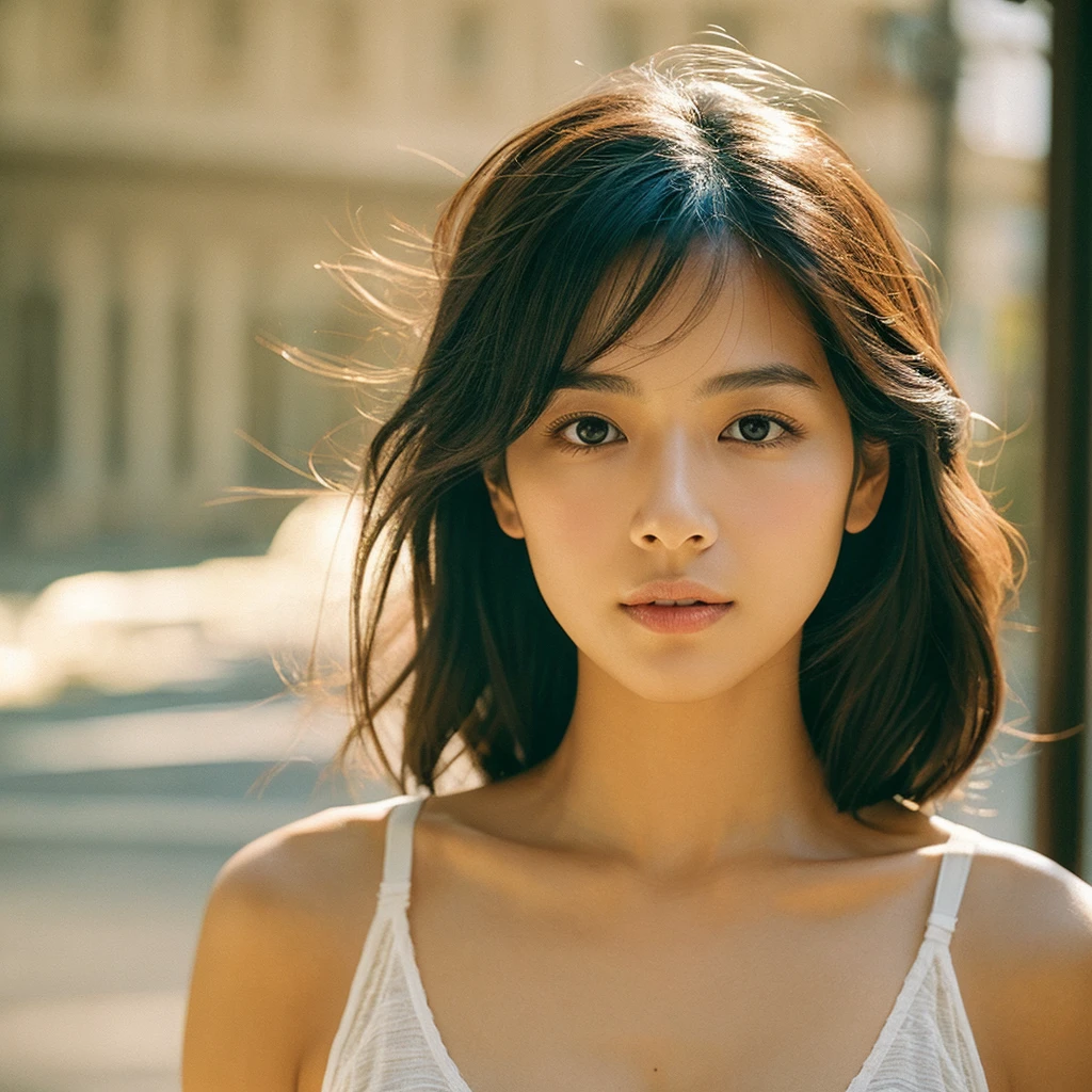 A hyper-realistic image of a single Japanese woman in her early 20s, captured with the nostalgic warmth and subtle graininess of a film camera. Her skin has a warm beige tone with a natural, slightly rough texture that includes visible pores, fine lines, and subtle imperfections such as small blemishes, adding to the authenticity of her appearance. The soft, diffused natural light enhances the film-like quality, casting gentle shadows that create a timeless, organic feel. Her straight, glossy black hair frames her face in a natural, slightly tousled manner, and her deep brown eyes reflect the ambient light, adding depth and emotion. The film camera effect introduces a slight grain and a softer focus, giving the image a warm, nostalgic atmosphere while maintaining the realistic texture of her skin. She is dressed simply, in a way that complements her natural beauty, with the overall composition designed to evoke a sense of genuine, understated elegance. The use of natural light, combined with the deliberately rougher texture of her skin and the film-like qualities, ensures that this image captures the imperfections that make her beauty truly lifelike, focusing solely on this one individual.She has large, ample breasts and wears only attractive, fashionable underwear, which accentuates her cleavage.almost see the nipples.Be sure to keep your eyes on us.Stylish and cute bras.
