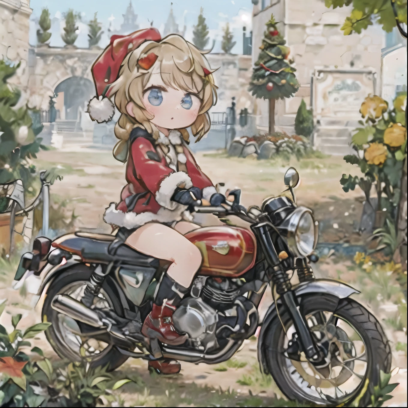 ( masterpiece， top quality:1.2), A young girl rides a motorcycle, Alone,   fallen leaves， Santa Claus costume ，