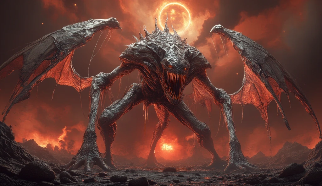 A demonic huge creature that looks like a dragon. She is clad in white armor, with cracks from which hellfire breaks through. He is in hell, but there is a sacred light shining behind him. Horror