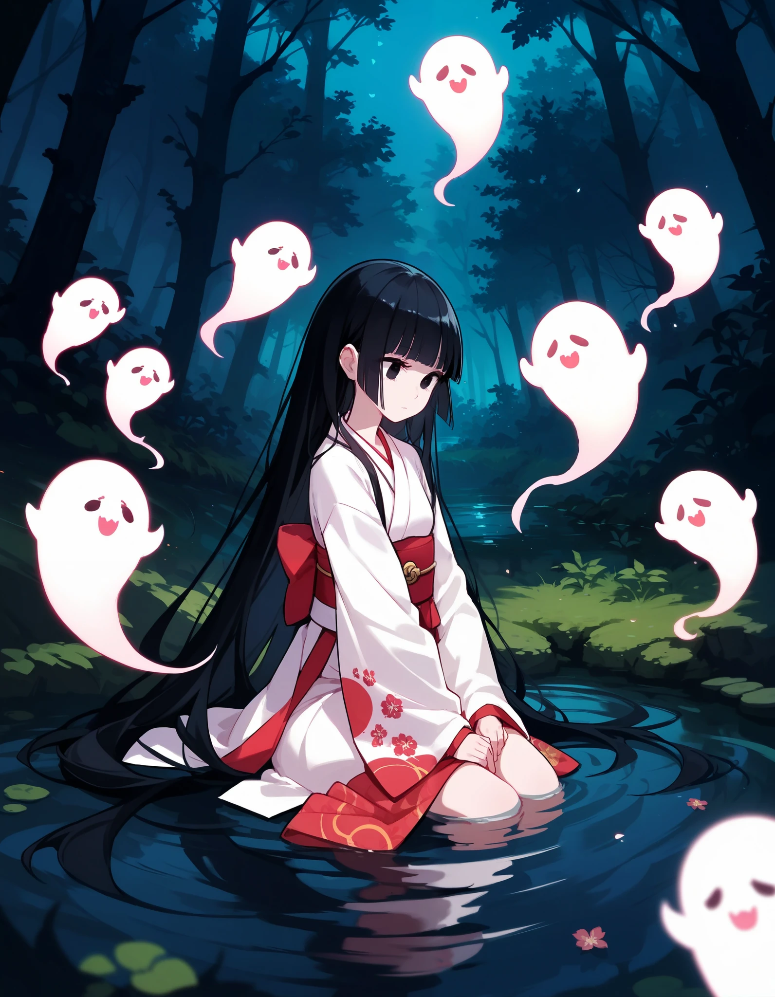 score_9,score_8_up,score_7_up, highres, kimono,miko,very long hair, hime cut,night,forest,black hair,black eyes,ghost,hands in sleeves,glowing pattern, partially submerged,