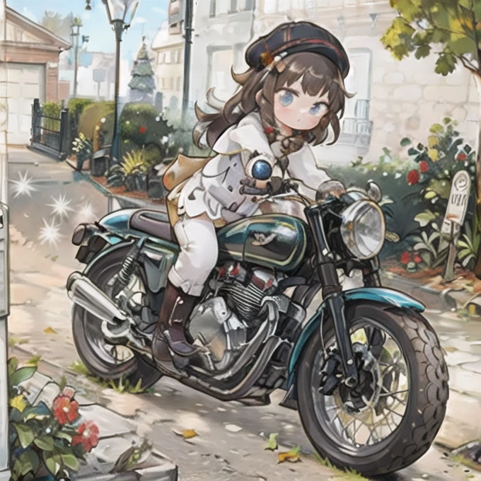 ( masterpiece， top quality:1.2), A young girl rides a motorcycle, Alone,   fallen leaves，Christmas Costumes，