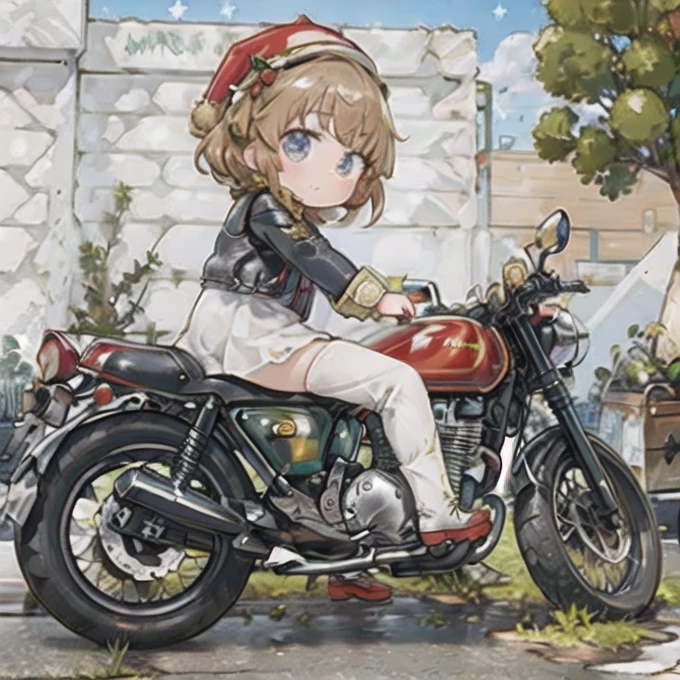 ( masterpiece， top quality:1.2), A young girl rides a motorcycle, Alone,   fallen leaves，Christmas Costumes，