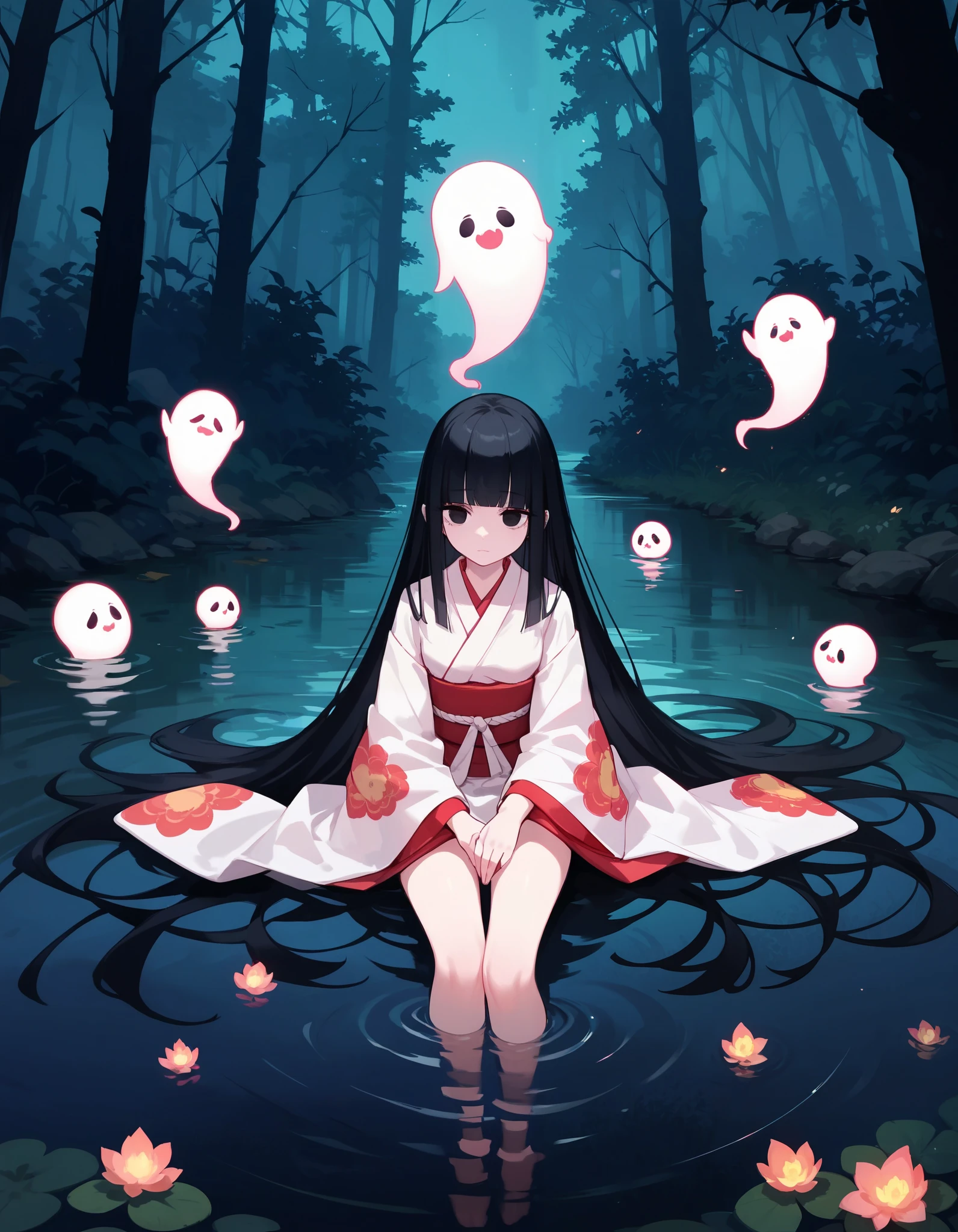 score_9,score_8_up,score_7_up, highres, kimono,miko,very long hair, hime cut,night,forest,black hair,black eyes,ghost,hands in sleeves,glowing pattern, partially submerged,