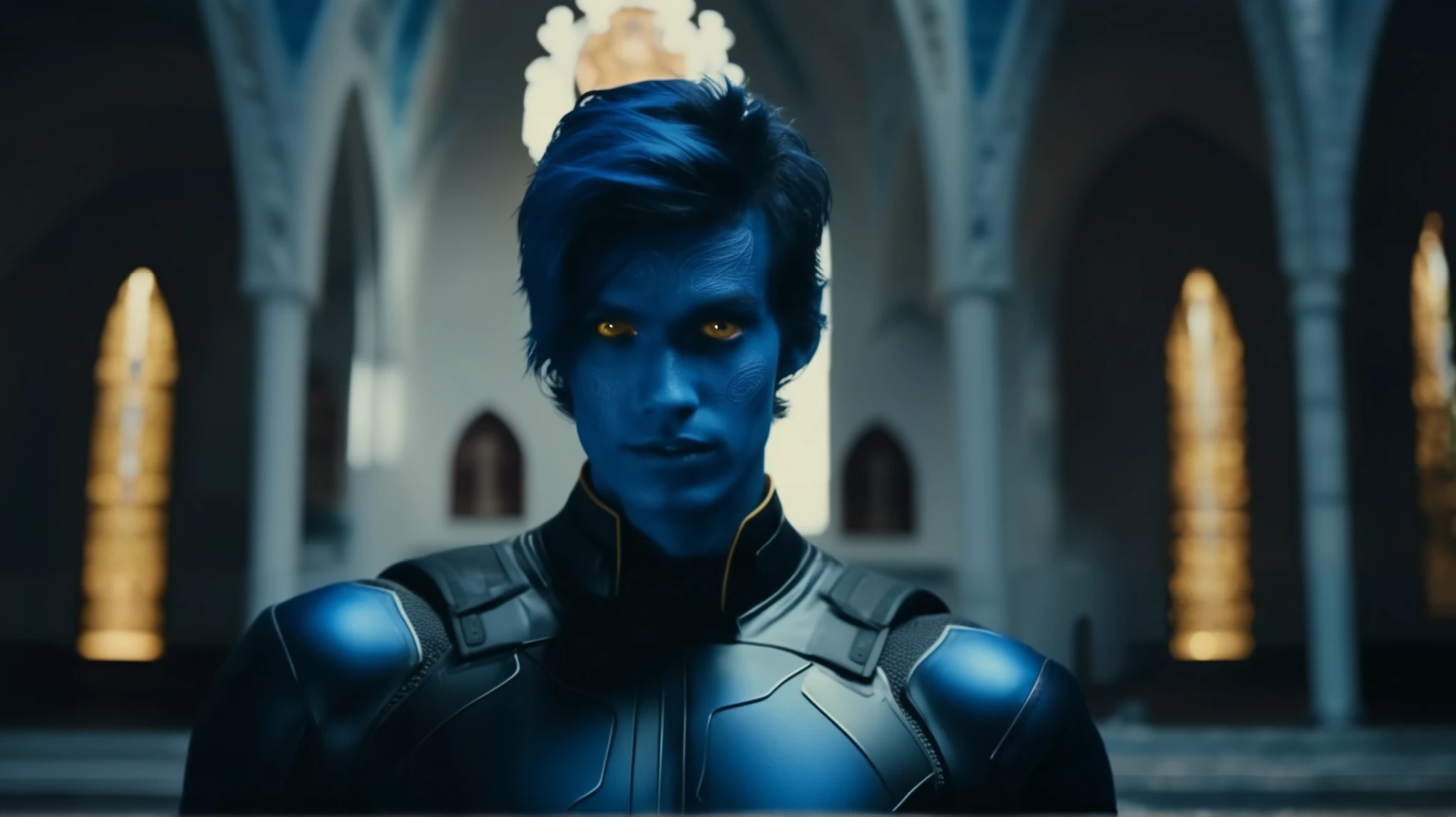 cinematic photo cinematic photo a man with blue body paint, yellow eyes, blue snake tail, black superhero suit . 35mm photograph, film, bokeh, professional, 4k, highly detailed . 35mm photograph, film, bokeh, professional, 4k, highly detailed, look at viewers, church