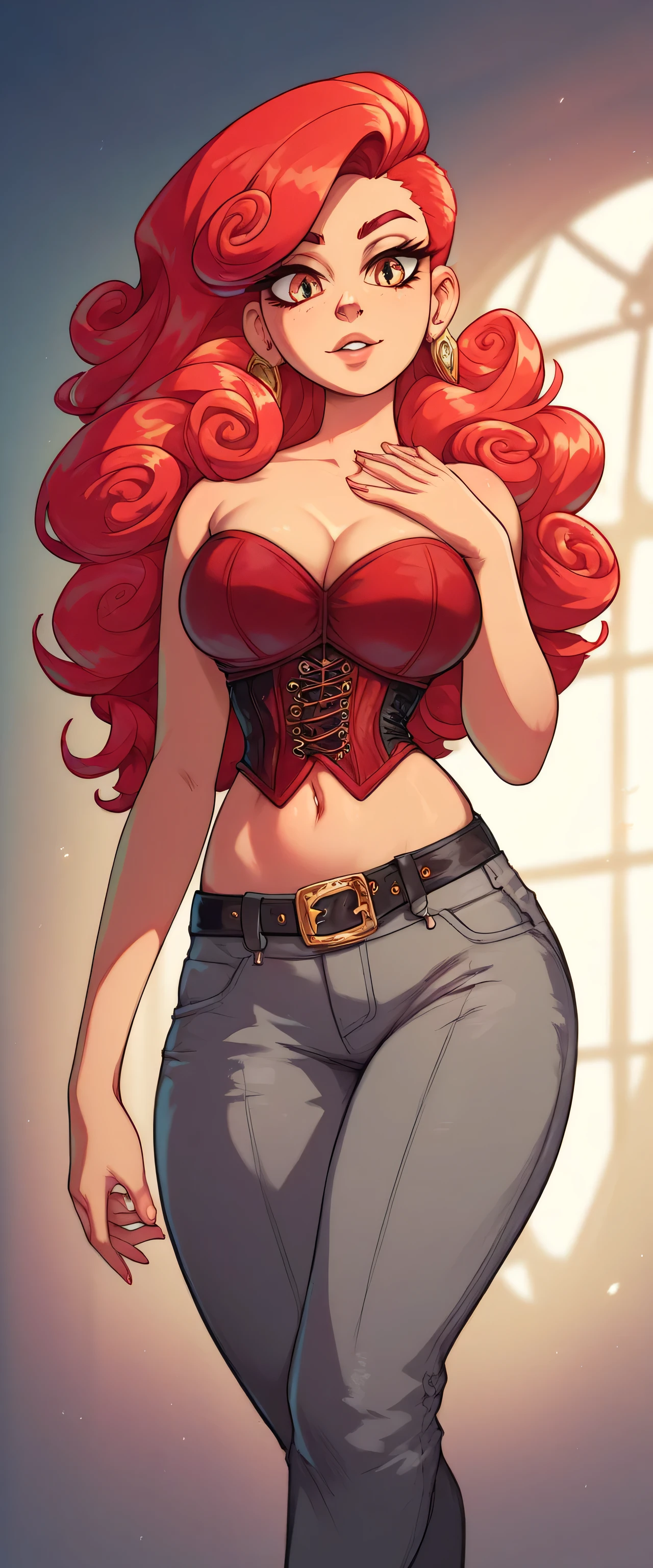 A beautiful woman Bella sexy attractive sensual red hair wavy shiny curly long smooth her eyes light red long eyelashes wears red corset top shows navel and dark gray pants black belt black heel gold ear earring