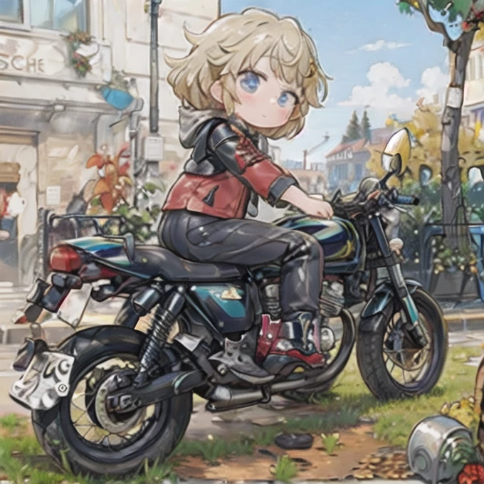 ( masterpiece， top quality:1.2), A young girl rides a motorcycle, Alone,   fallen leaves，Christmas Costumes，