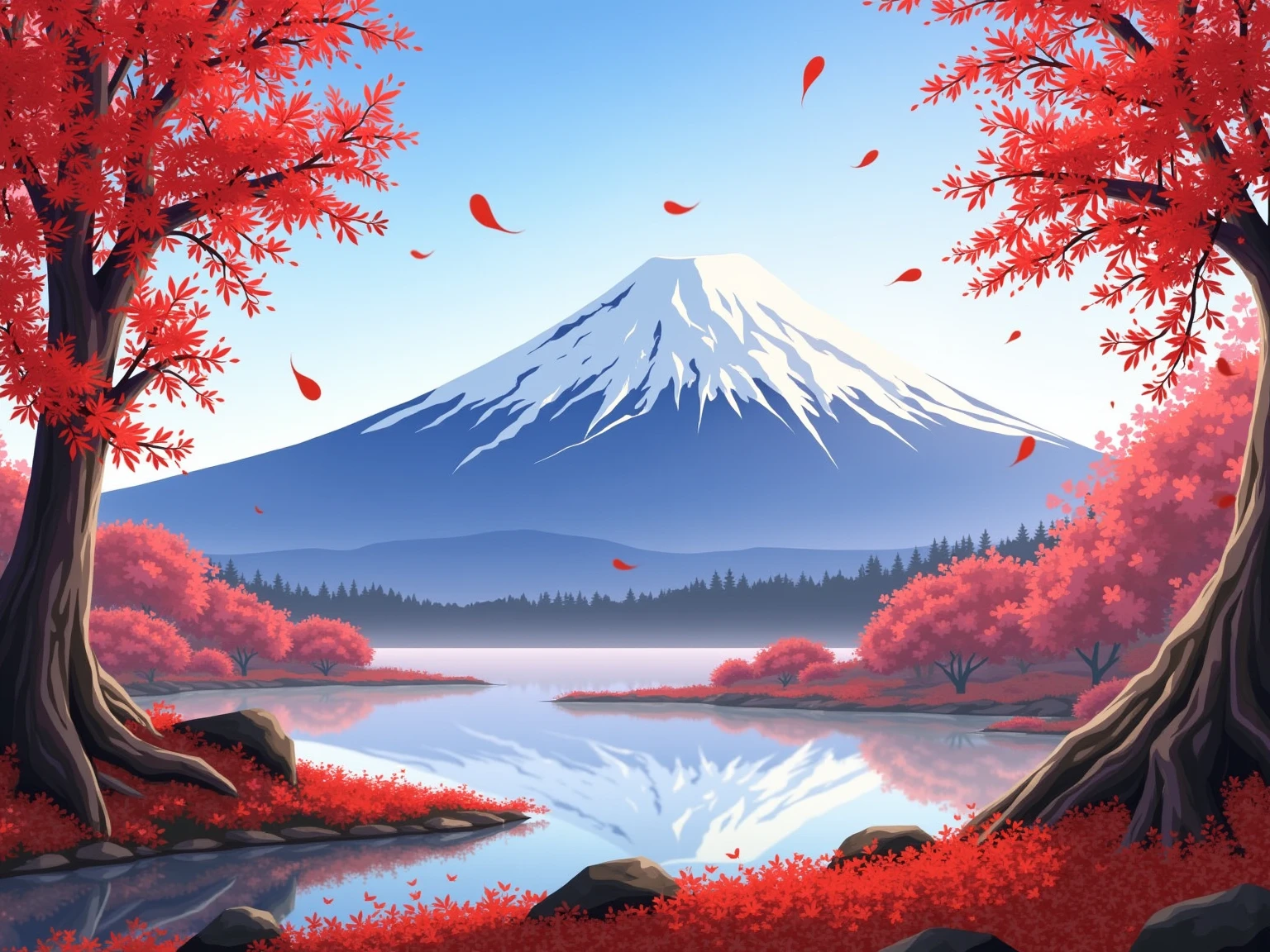 mountain fuji with red maple leaves