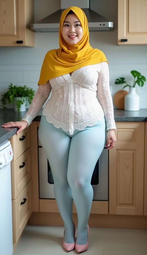 Woman, ((hijaber)), round breasts, (Thick, Fat, Large breasts, curvy body), ((long Sleeve Legging, long pant)), beautiful view garden, perfect face, wife, cinematic lighting, ((((high detailed, skin, body, hand)))), [[[freckles]]], 8k, full body poses, 