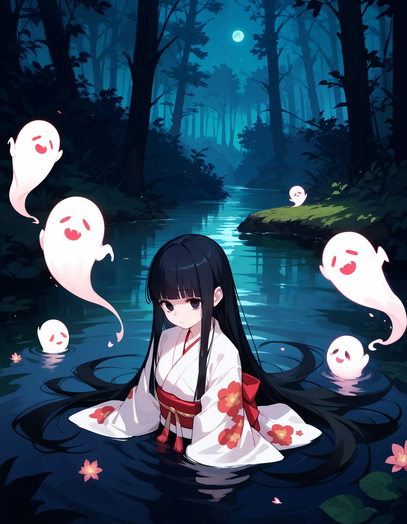 score_9,score_8_up,score_7_up, highres, kimono,miko,very long hair, hime cut,night,forest,black hair,black eyes,ghost,hands in sleeves,glowing pattern, partially submerged,