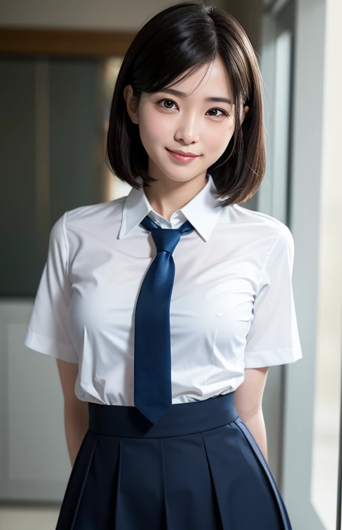 （8K、Raw photography、Highest quality、masterpiece：1.2),(Black Hair、Dark Eyes:1.9),(High school girls、school uniform:1.6)、View your audience,Viewed from the front,White skin,(ponytail:1.4)、(Tight waist:1.6)、(Clothes that accentuate the shape of the breasts:1.0)、(Big Breasts :1.3)、Slim figure、Ultra-high resolution,beautiful,beautiful fece,(One person、No background:1.9),whole bodyボディー,Japanese women,（reality的：1.37）、Photon Mapping,reality、(-face cute: 1.4)、(Cute Smile: 1.8)、(Round face: 1.8)、Radio City、Physically Based Rendering、Depth of field rally background、photograph, (I can see your knees、Thigh close-up:1.8),（:1.6）,whole body、Great quality