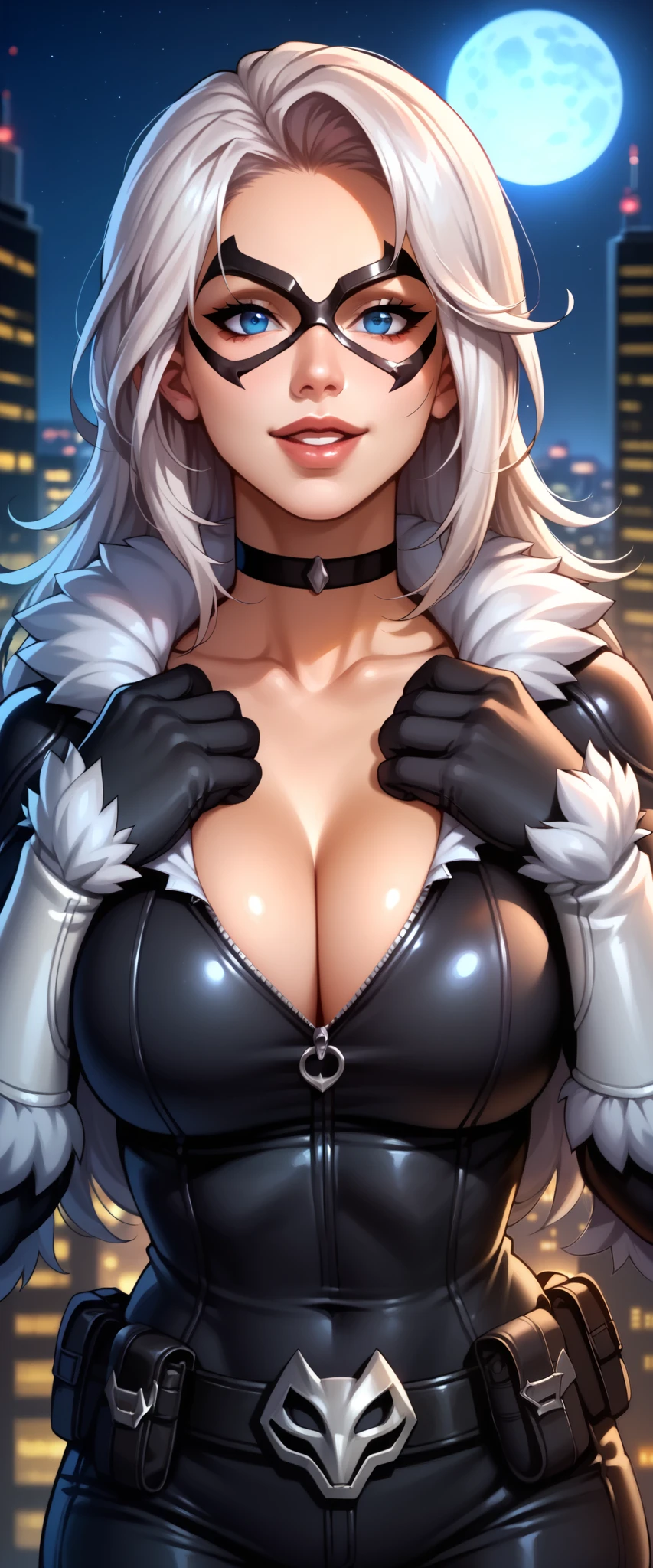 score_9, score_8_up, score_7_up,  source_anime,  BREAK solo, 1 girl, BlaCtFN, white hair, mask, blue eyes, choker, fur trim, black bodysuit, white vambraces, utility belt, belt buckle,  upper body, seductive smile, lips, open mouth,  , unzipping, cleavage, breasts, looking at viewer, 1 girl, solo,  night,  black gloves, large window, moon, cowboy shot, cityscape, skyscraper, hand on own chest,