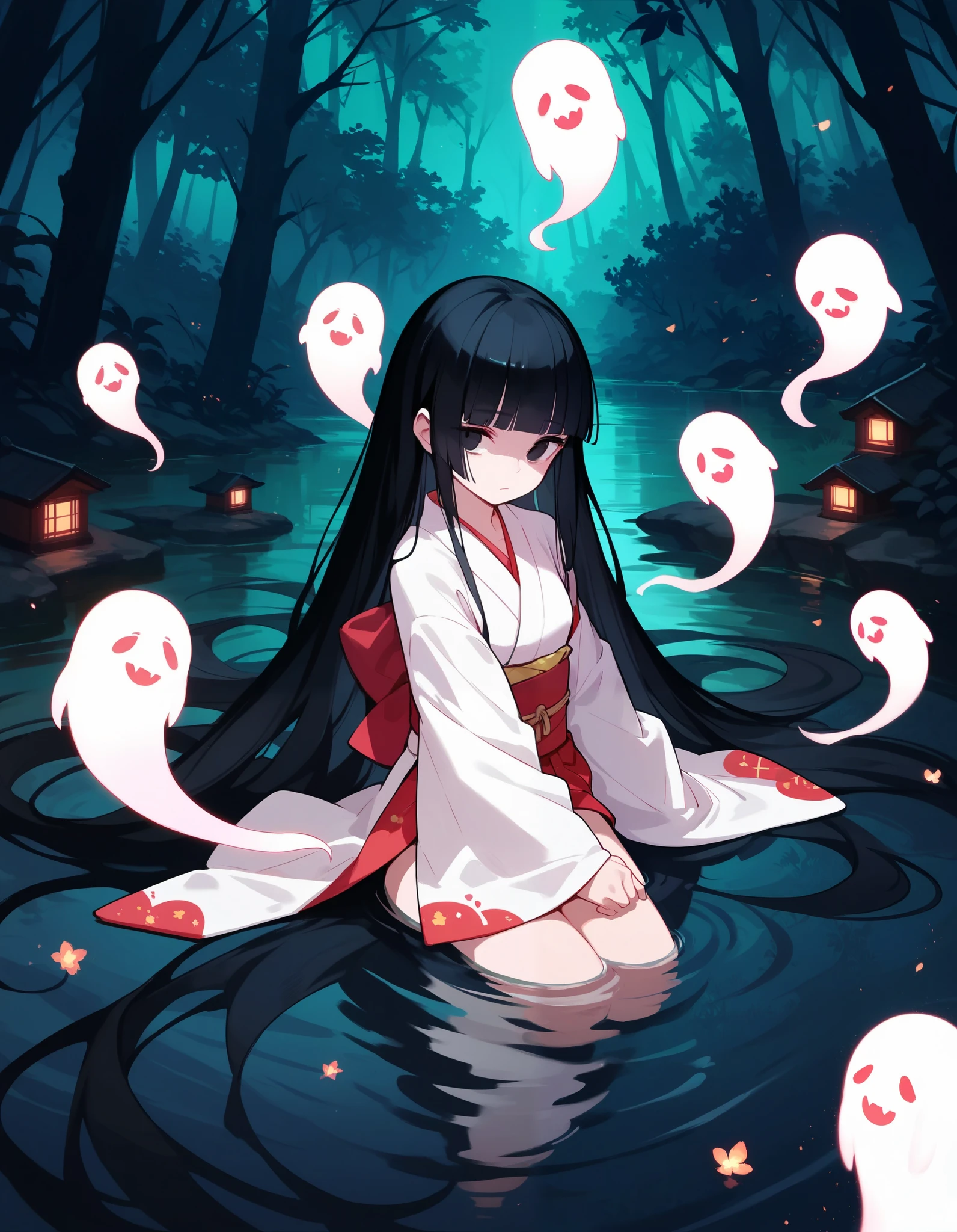 highres, kimono,miko,very long hair, hime cut,night,forest,black hair,black eyes,ghost,hands in sleeves,glowing pattern, partially submerged,