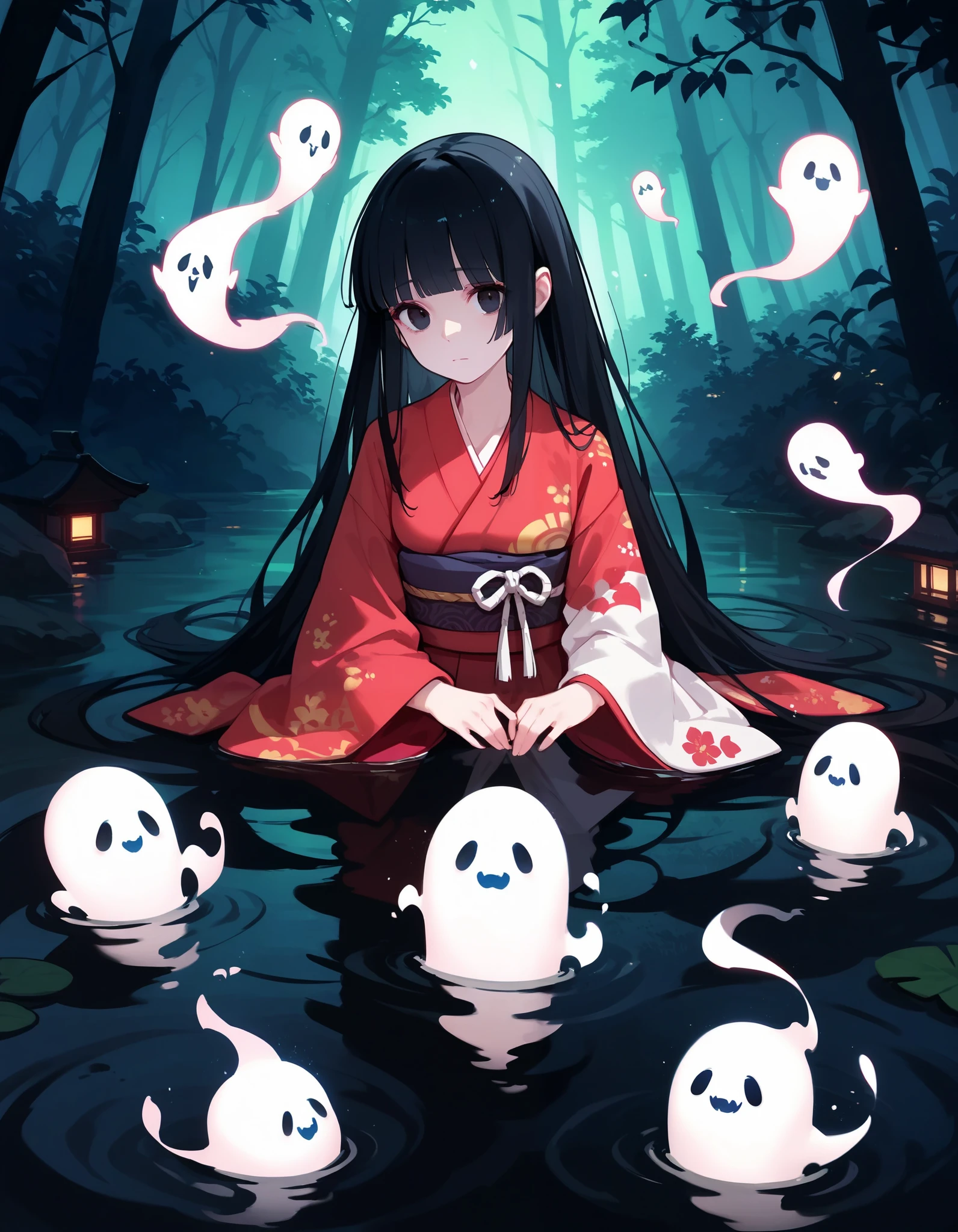 highres, kimono,miko,very long hair, hime cut,night,forest,black hair,black eyes,ghost,hands in sleeves,glowing pattern, partially submerged,