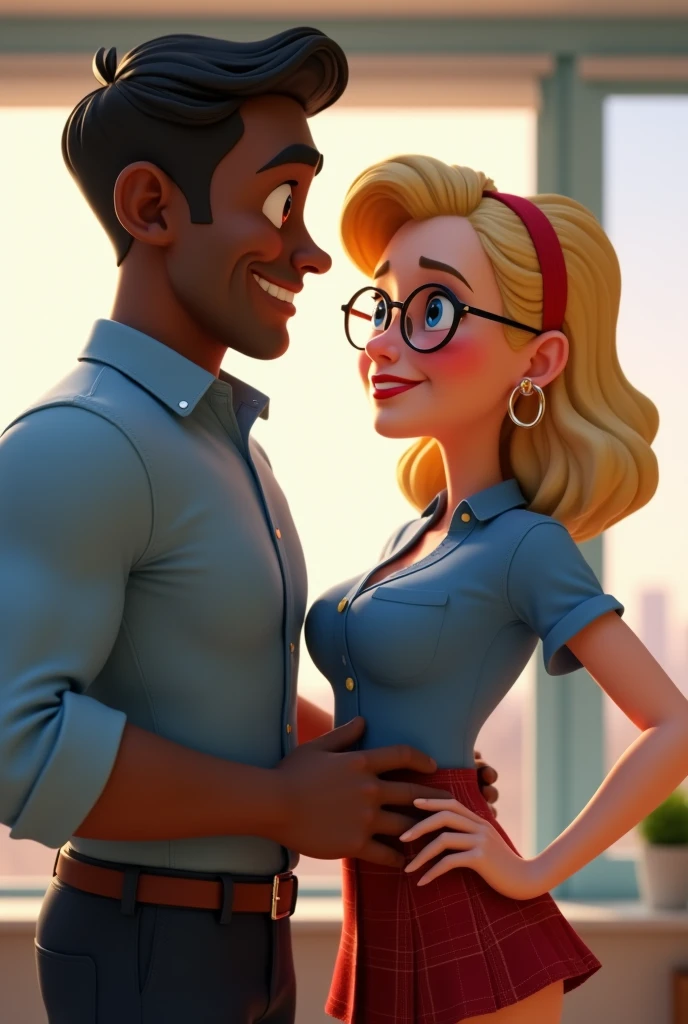 estilo Pixar 3D: Adult Man Dwayne Johnson Black Skin in Top Tank Top Hugging Medium Hair Blonde Woman Wearing Sunglasses, Jeans e camisa preta em uma sala de aula