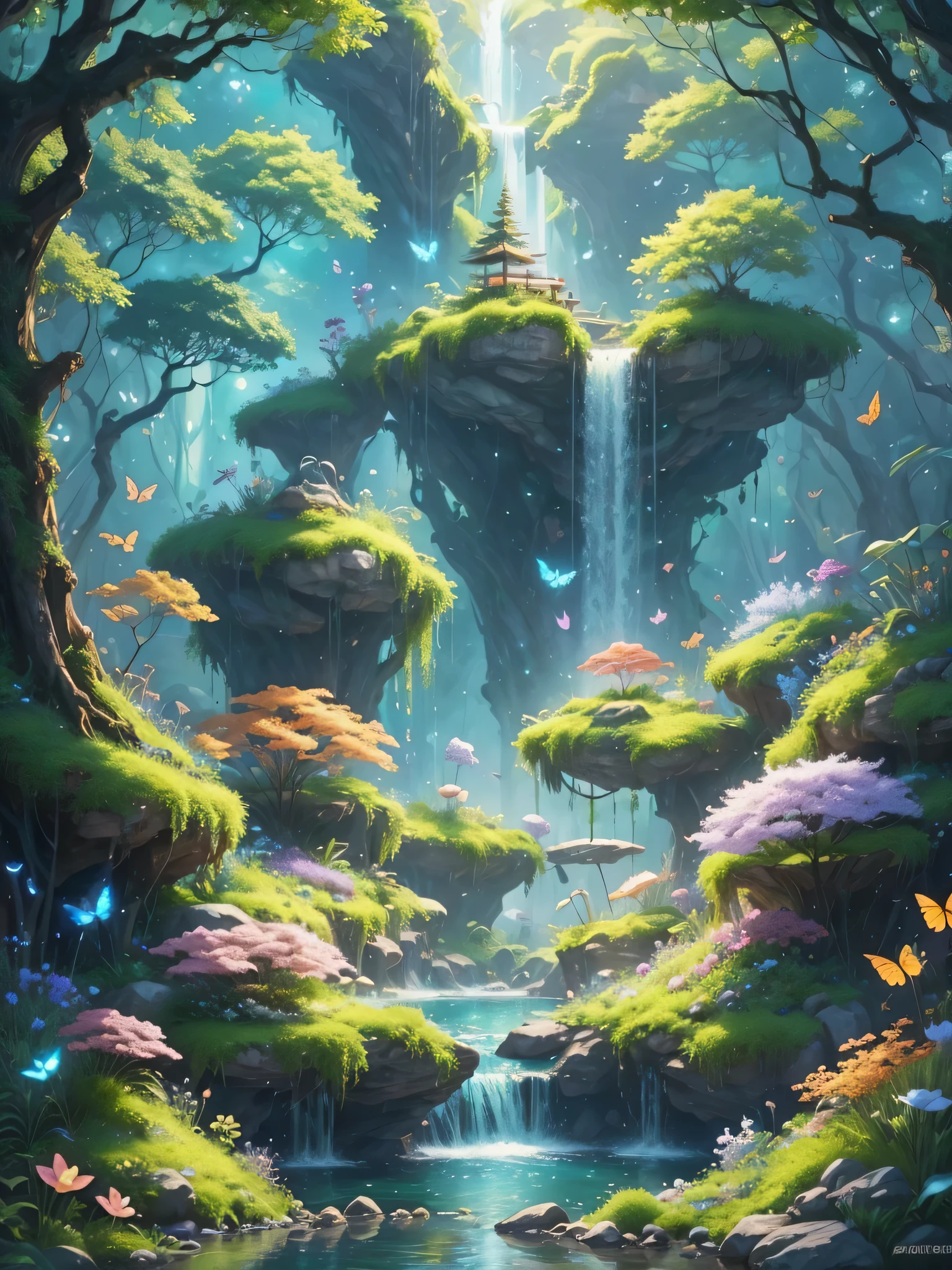 Viral anime nature wallpaper in 4K quality, in the style of digital illustration inspired by Satoshi Kon, depicting a dreamlike garden with floating islands, waterfalls cascading down, and glowing butterflies; surreal and vibrant color temperature, cosmos lighting with stars twinkling in the sky, no human characters, the atmosphere is surreal and mesmerizing --v 5 --stylize 1000