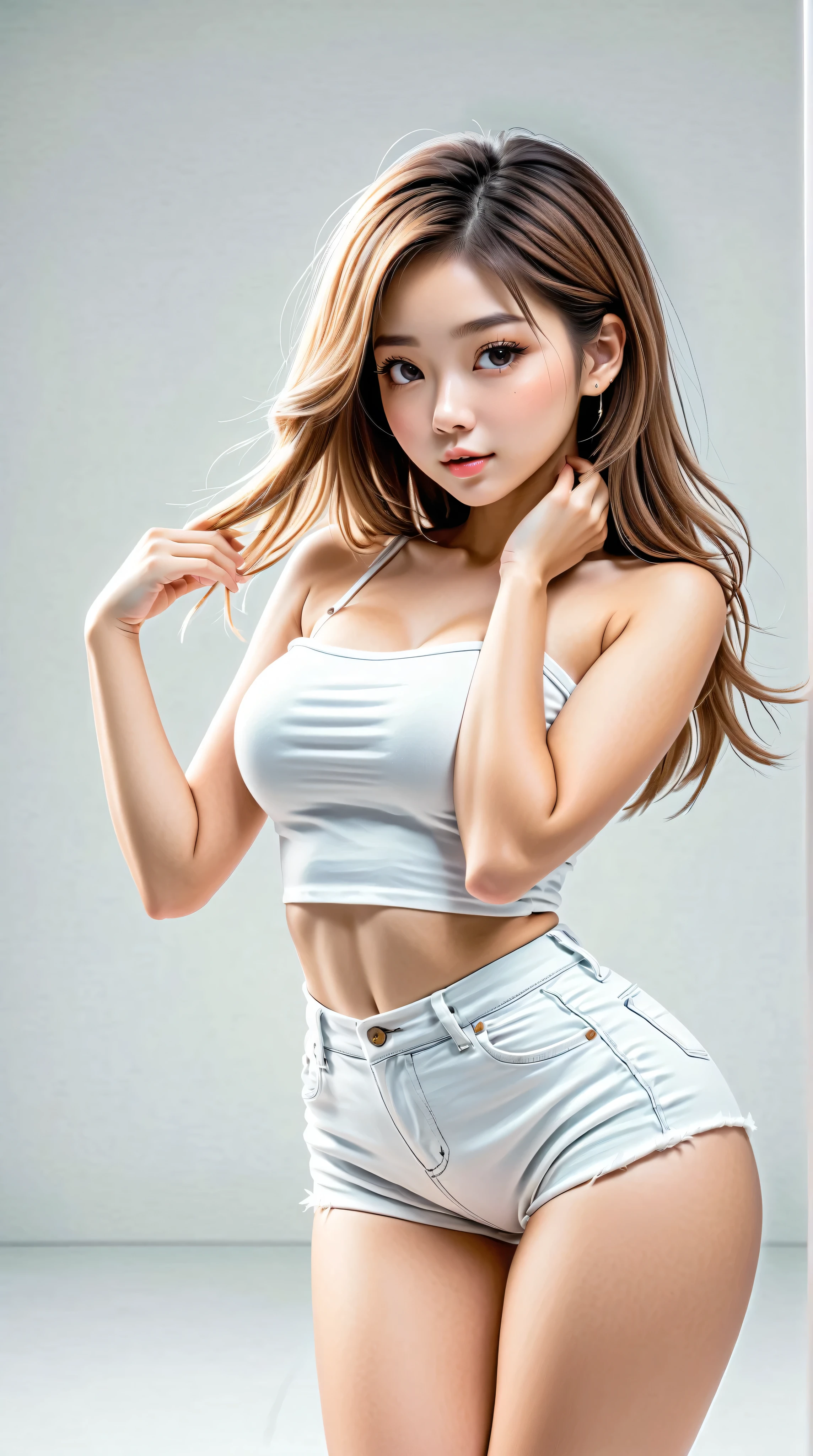 cute girl . Very kawaii , round face . alone , Slim , huge breasts , short and small . shiny skin . Pure white tube top T-shirt . shorts . dynamic poses . dynamic angle . No background , White background , looking at the audience