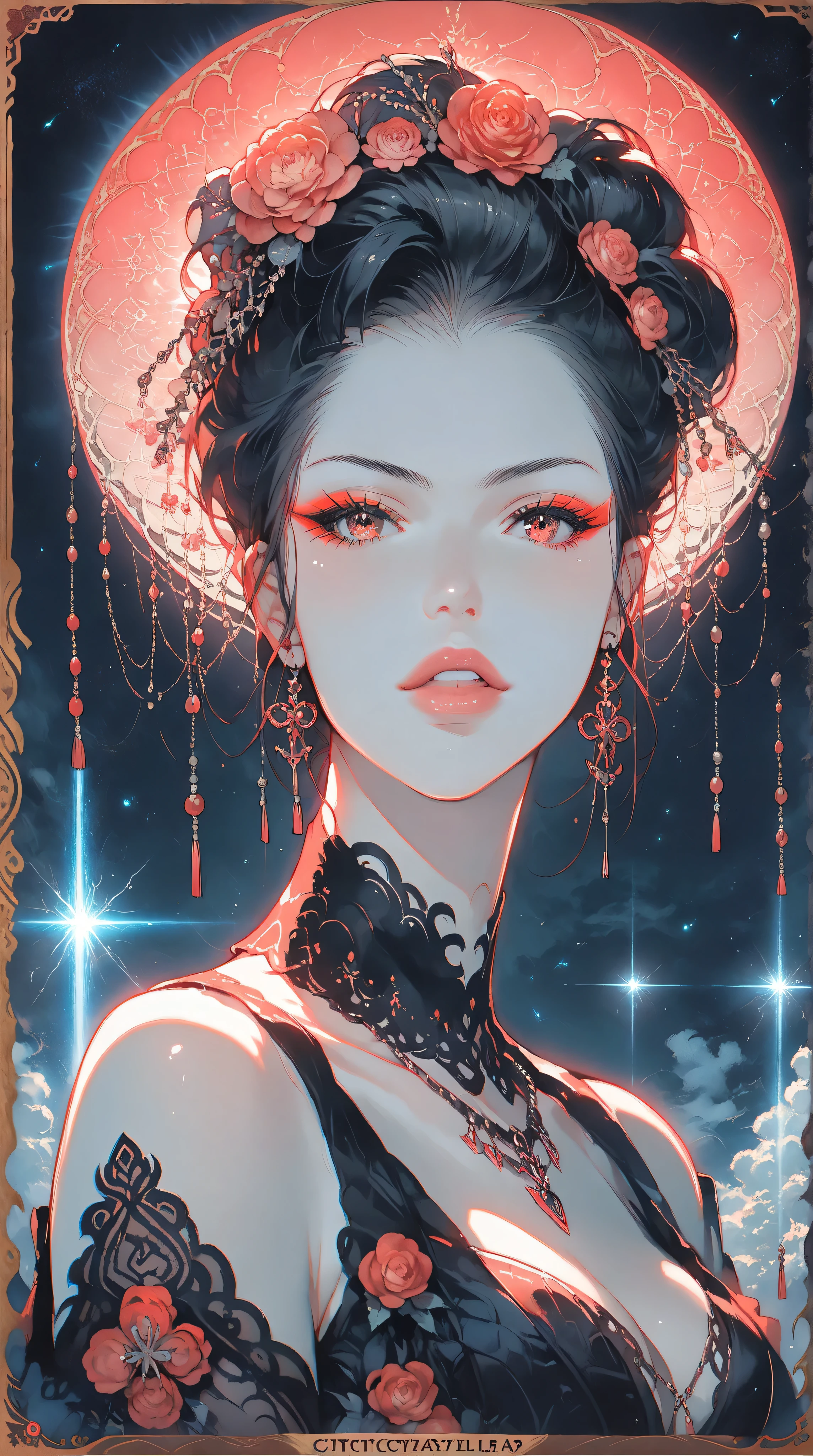 (masterpiece, best quality:1.2), 1 girl, alone,beautiful face，Red Reminimalist Art Nouveau，illustration style，black and red
