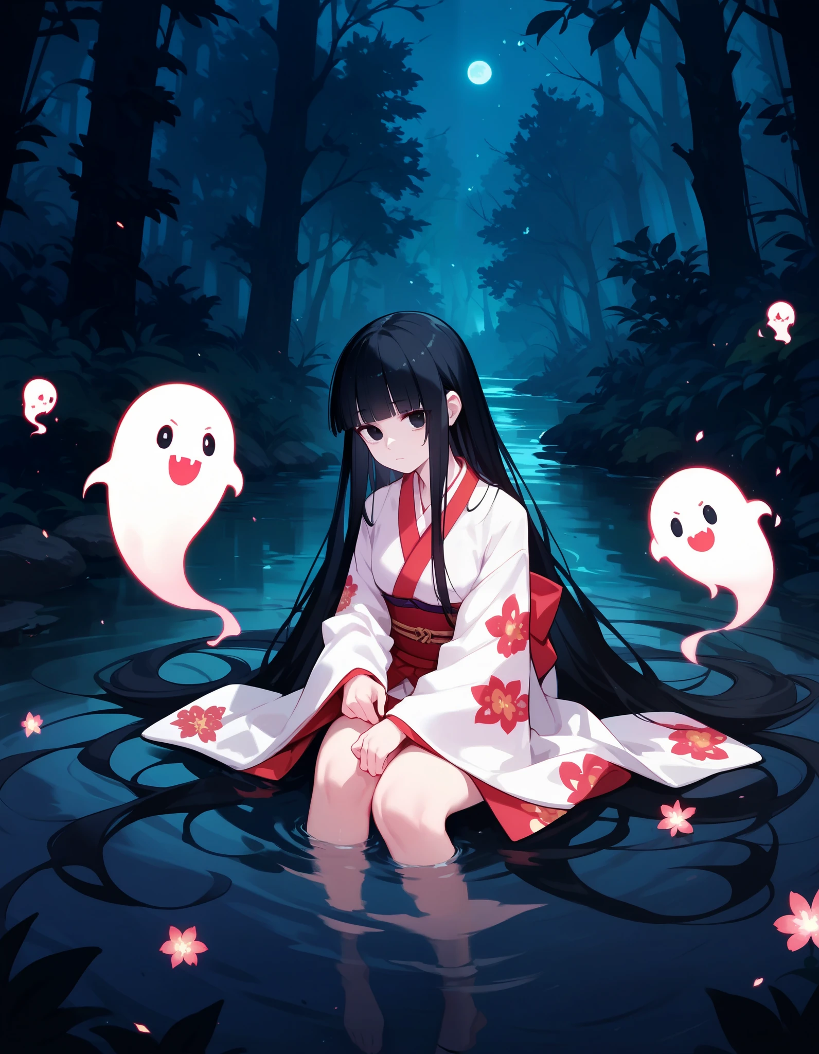 highres, kimono,miko,very long hair, hime cut,night,forest,black hair,black eyes,ghost,hands in sleeves,glowing pattern, partially submerged,