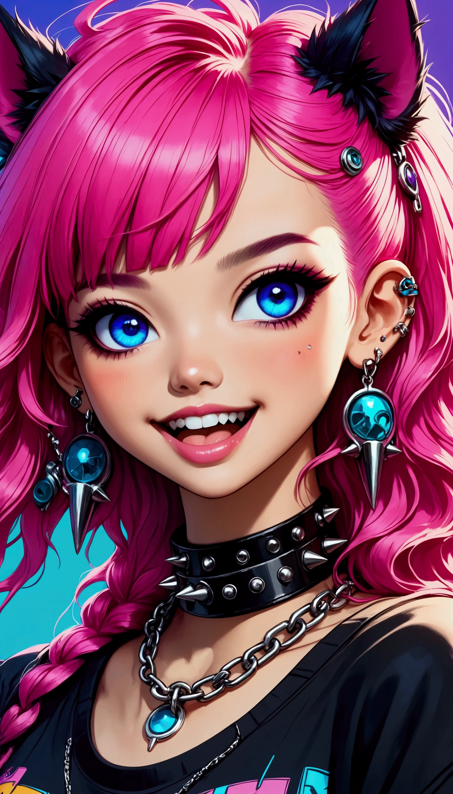  a close up of a person with pink hair and perforations,  mouth half open perfect teeth showing only the tongue  ,  cheerful image wears dog collar with spikes and chains  ,  black sweatshirt  , tatuajes, violet and cyan background  , Cyberpunk art inspired by Ross Tran ,  trend in CGSociety  , Gothic art, Ross Tran!!!, Style Ross Tran, in the style of Ross Tran , Ross Tran 8K, ross drawings  1. 0,  artwork in the style of Guweiz  , anime vibes, :: ross drawings 