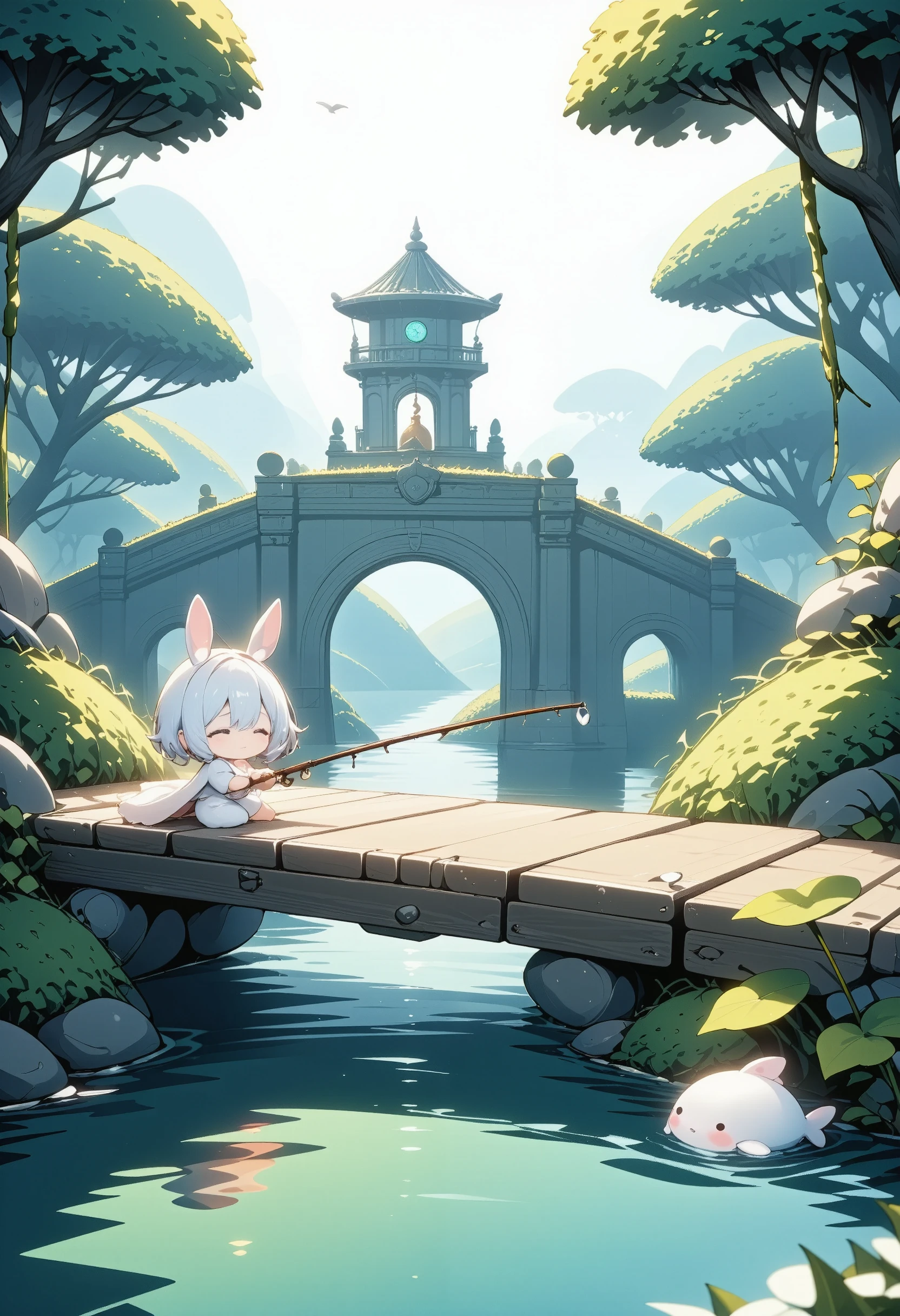 masterpiece, best quality, ultra-detailed, pastel tones, long shot,chibi, masterpiece, best quality, 8k, highres, ultra-detailed, chibi, 1girl, trk,back view, holding fishing rod, enjoying fishing, ancient bridge, moss covered, overgrown vines, sitting on bridge, dense fog, soft light, tranquil atmosphere, muted colors, serene landscape, ethereal ambiance, weathered materials, diffuse lighting, mystical environment, lake, fish poking head out of water, playful, cute, foggy effect covering the scene