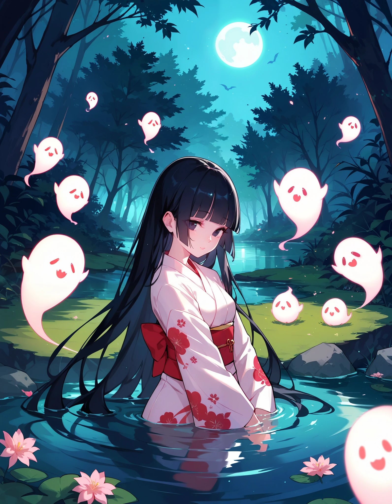 score_9,score_8_up,score_7_up, highres, kimono,miko,very long hair, hime cut,night,forest,black hair,black eyes,ghost,hands in sleeves,glowing pattern, partially submerged,